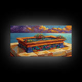 Tile Garden, Water, Feature, Framed Canvas Print Bright terracotta planter wall art, outdoor courtyard or patio decor, folk painting