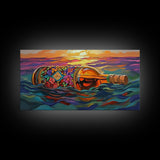 Bottle Ocean, Sunset, Flowers, Framed Canvas Print tropical beach bathroom decor, coastal boho wall art, floral message bottle painting