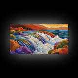 Waterfall Rainbow, Canyon, Bold, Framed Canvas Print vibrant nature bathroom decor, boho rainbow mountain wall art, fantasy print