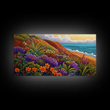 Coastal Floral, Landscape Painting, Canvas Print, vibrant beach flowers, ocean view wall decor, boho style Living Room Wall Art