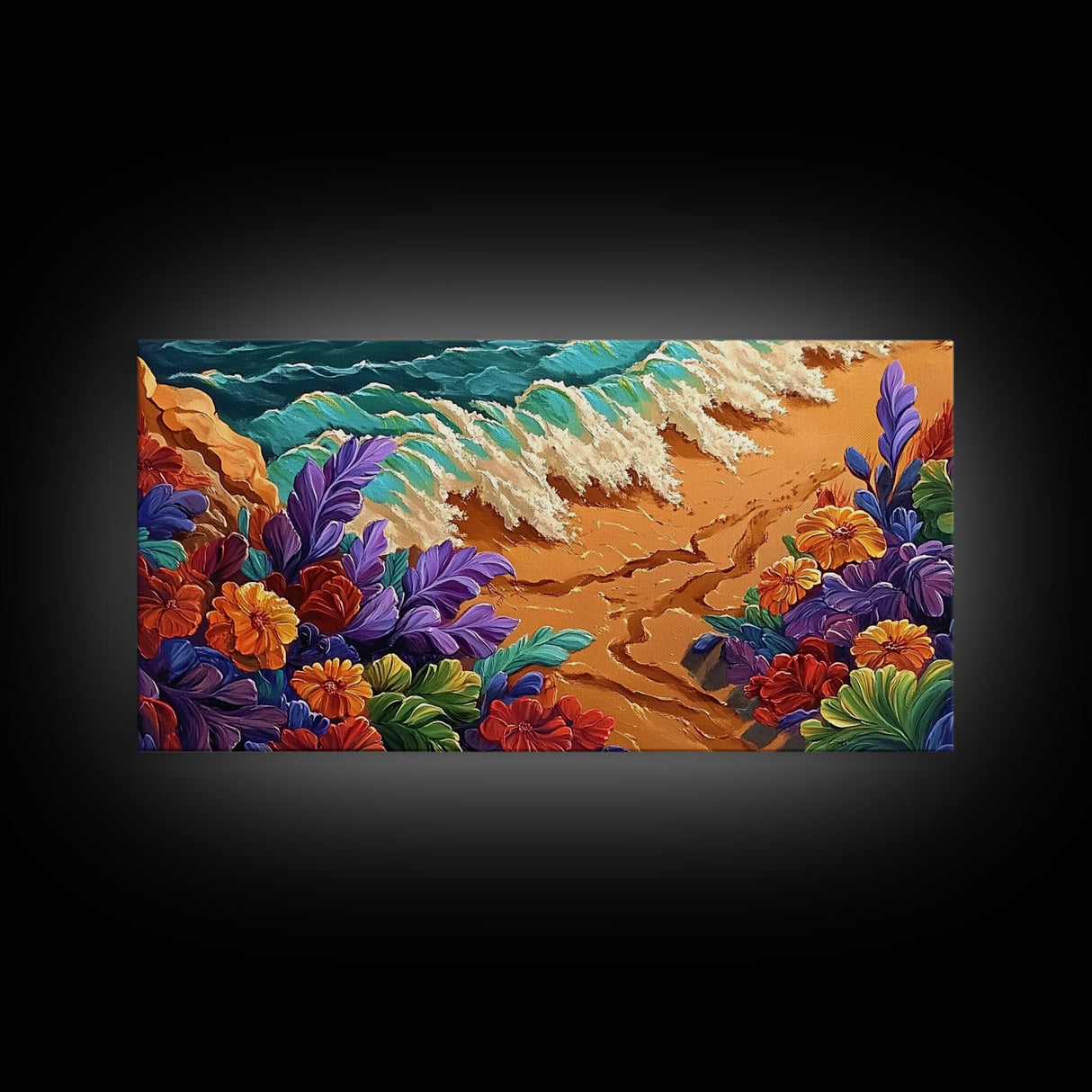 Tropical, Flower, Wave Art, Framed Canvas Print, coastal floral seascape painting, vibrant Summer Decor, Bathroom Wall Art, boho art