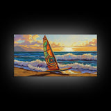 Windsurf Sunset, Beach Scene, Canvas Print, colorful surfboard at sea painting, coastal adventure, Bedroom Wall Art, surfer boho art