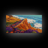 Cliff Flowers, Ocean Horizon, Framed Canvas Print, bold floral bluff, coastline scene, vibrant scenic Kitchen Wall Art, boho decor