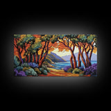 Trees Autumn, Ocean Trail, Canvas Print, Fall landscape, trees leading to ocean view, colorful palette, Living Room Wall Art