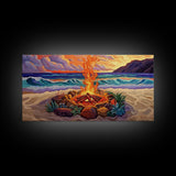 Beach Campfire, Sunset, Tropical Vibes, island evening Canvas Print, fall boho decor, colorful beach firepit living room wall art