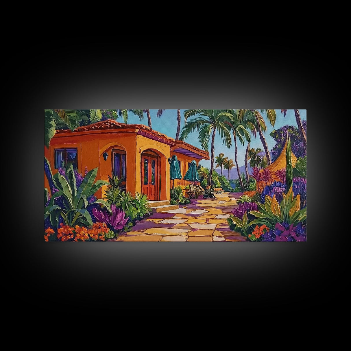 Villa, Palm Trees, Pathway, Lush Garden, warm tropical Canvas Print, boho patio decor, summer bungalow living room wall art