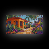 Villa, Palm Trees, Pathway, Lush Garden, warm tropical Canvas Print, boho patio decor, summer bungalow living room wall art