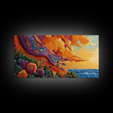 Sunset Coast, Rug, Framed Canvas Print, Sunset Beach Art, Magic Carpet Illustration, Vibrant Coastal Decor, Dreamy Bedroom Art