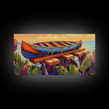 Canoe Dock, Ocean, Bold Palette, vibrant tropical Canvas Print, nautical boho art, playful beach house wall decor, summer vibes
