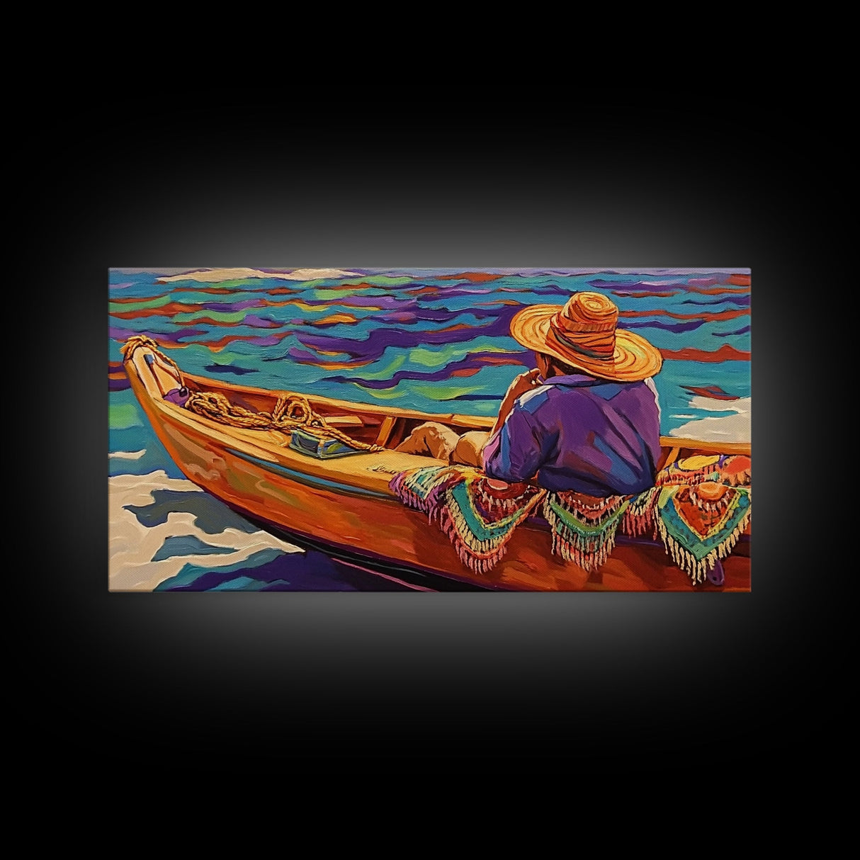 Boat Fisherman, Serene, Waters, Canvas Print colorful coastal life art Office Wall Art tropical ocean boho decor relaxed living