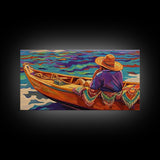 Boat Fisherman, Serene, Waters, Canvas Print colorful coastal life art Office Wall Art tropical ocean boho decor relaxed living