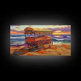 Sunset Beach, Wagon, Vibes, Coastal boho decor, colorful ocean art, Canvas Print, beach house wall art, living room sunset painting