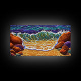 Wave Shoreline, Rocks, Splash, Vibrant ocean wall art, coastal home decor, Canvas Print, bathroom beach art, bold seascape painting