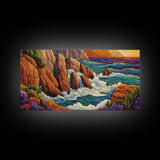 Rocks Waves, Sea, Energy, Dramatic cliff seascape Canvas Print, living room wall art, bold ocean decor, coastal energy painting