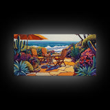 Patio, Ocean, Dining, Framed Canvas Print, Colorful seaside patio with umbrella and table scene, Summer vibes, Dining Room Wall Art
