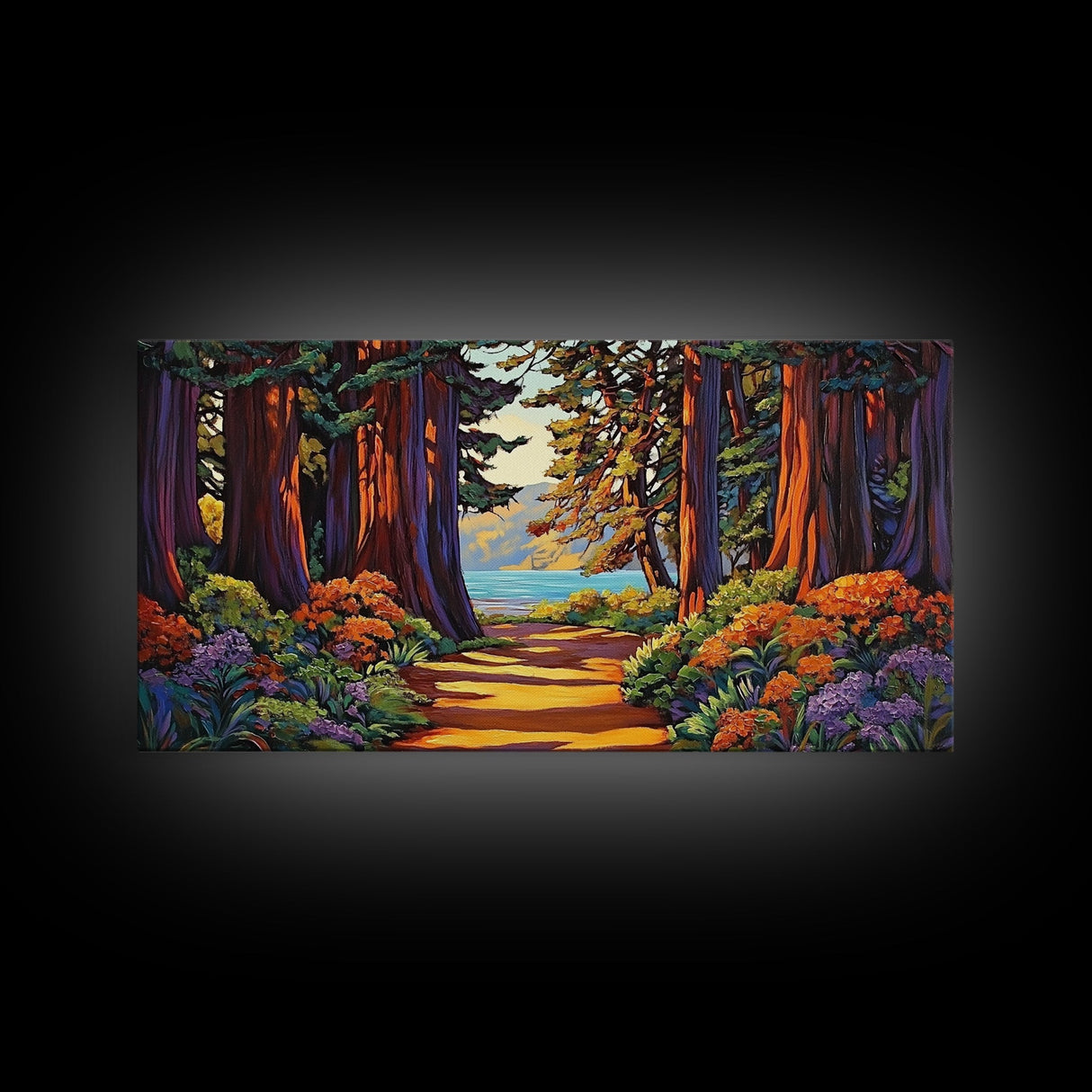 Forest Path, Ocean, Framed Canvas Print, Redwood forest trail to ocean scene, Nature inspired art, Rustic Living Room Wall Art