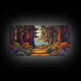 Forest Path, Ocean, Framed Canvas Print, Redwood forest trail to ocean scene, Nature inspired art, Rustic Living Room Wall Art
