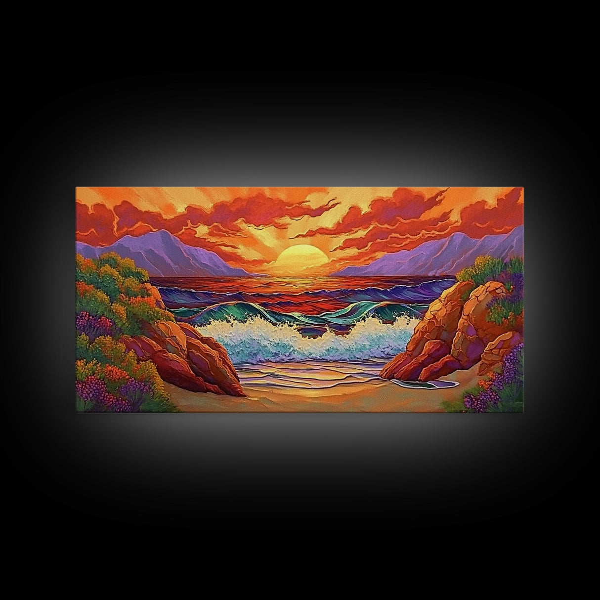 Sunset Waves, Rocks, Framed Canvas Print, Vibrant ocean sunset, crashing waves cliffs painting, Coastal Decor, Beach House Wall Art