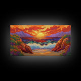 Sunset Waves, Rocks, Framed Canvas Print, Vibrant ocean sunset, crashing waves cliffs painting, Coastal Decor, Beach House Wall Art