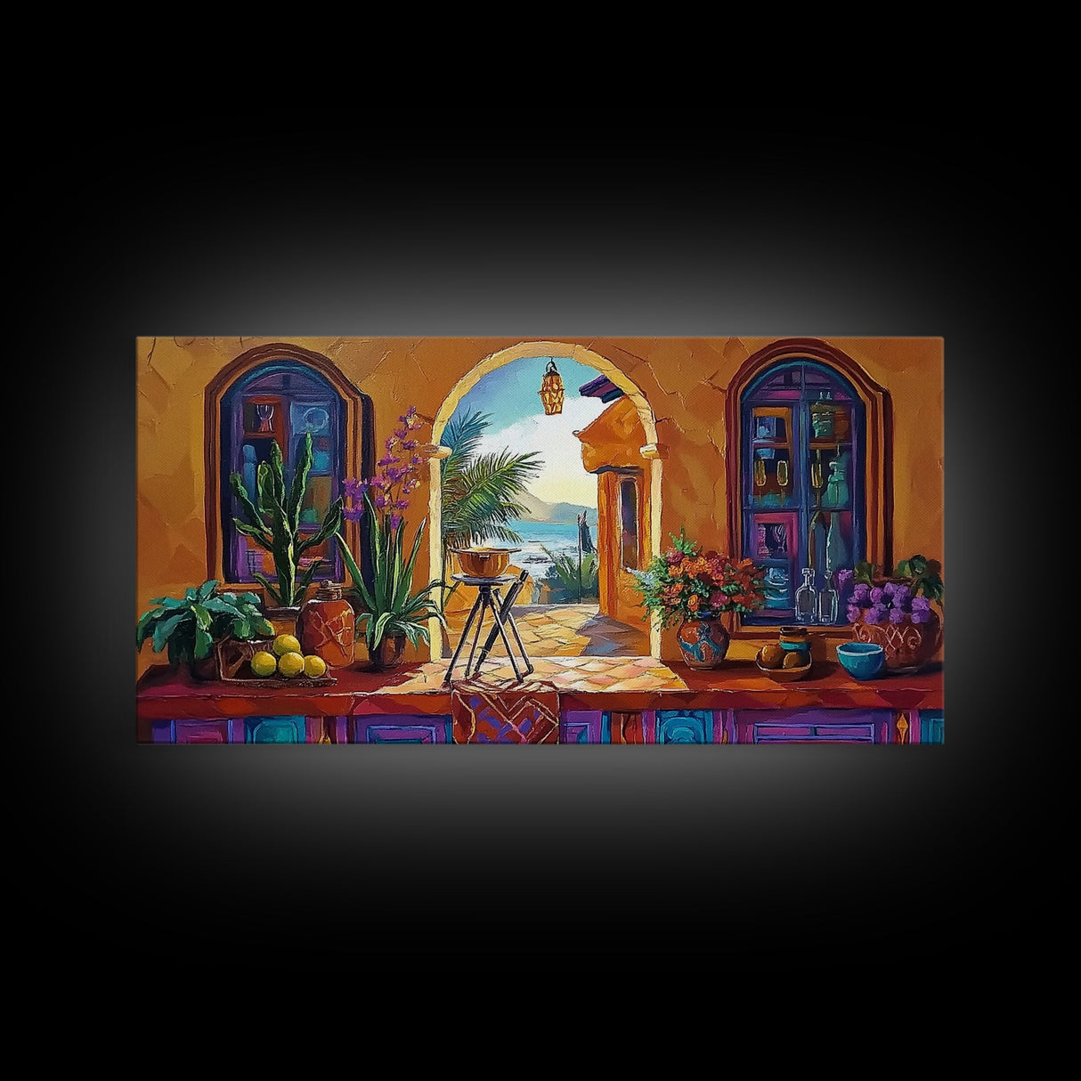 Archway Ocean, Tropical, Framed Canvas Print, Colorful tropical patio view through arch, Mexican coastal decor, Dining Wall Art