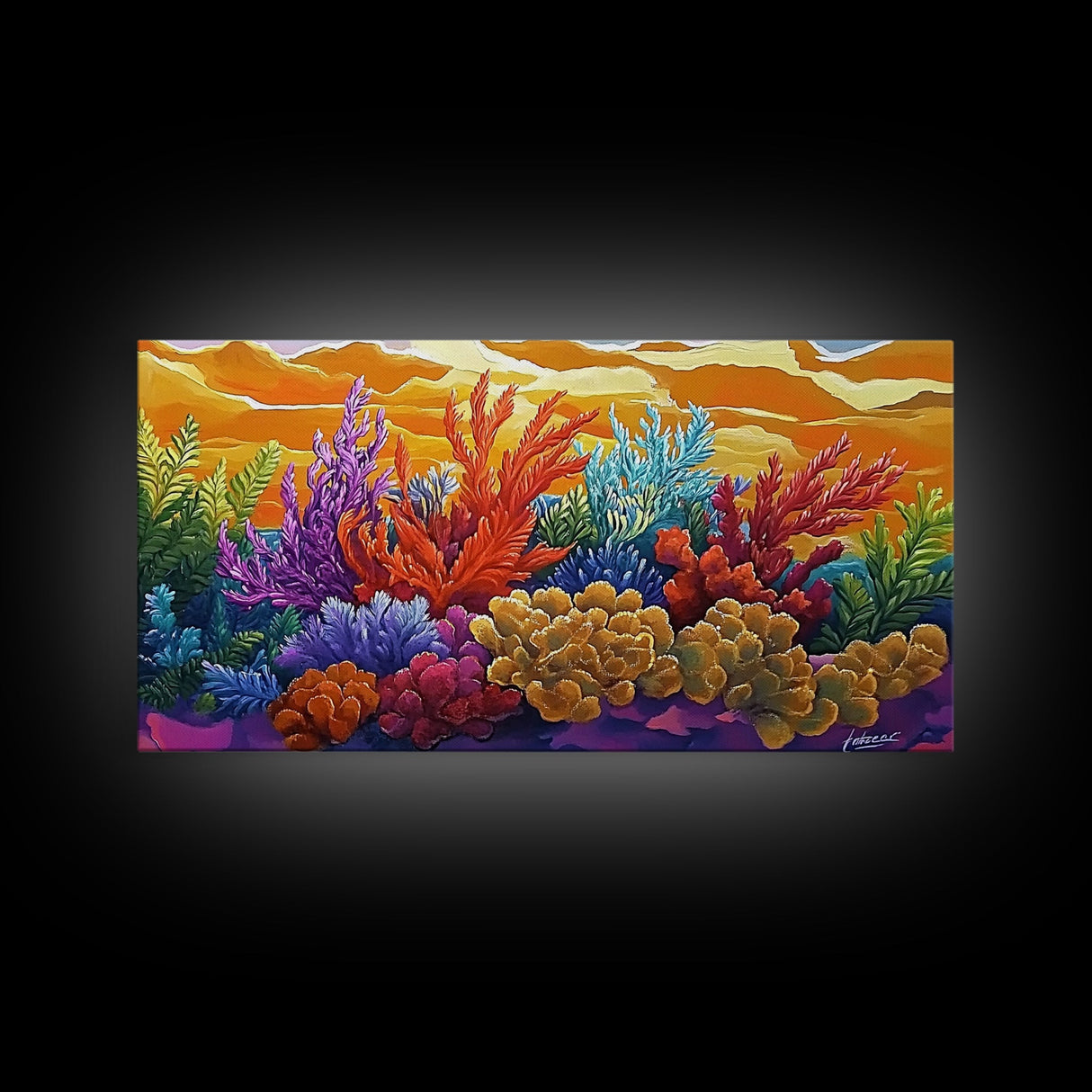Reef Sunset, Underwater, Framed Canvas Print, Vibrant coral reef with tropical plants, sunset sky, Beachy decor, Bathroom Wall Art