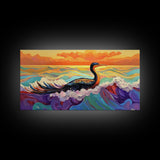 Ocean Bird, Sunset, Framed Canvas Print, Vibrant seabird in waves sunset seascape painting, Colorful Coastal Decor, Bathroom Wall Art