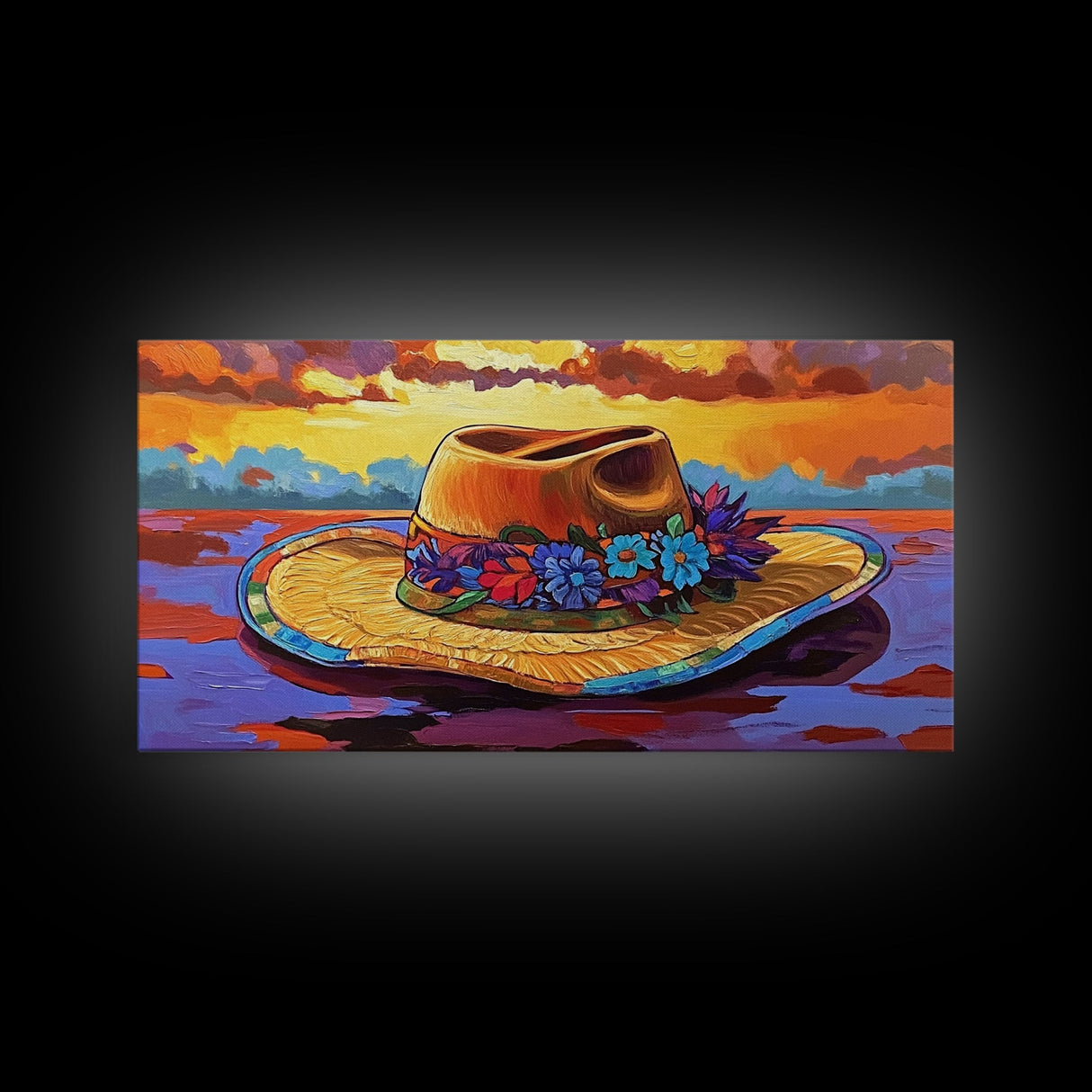 Hat Floral, Sunset, Framed Canvas Print, Boho straw hat with flowers on beach at sunset, Whimsical Summer Art, Entryway Wall Art