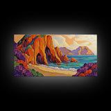 Cliffs Beach, Ocean, Framed Canvas Print, Bold textured coastal cliffs and ocean view painting, Vibrant Summer Decor, Kitchen Wall Art