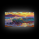 Waves Surf, Sunset, Framed Canvas Print, Colorful crashing wave with glowing sunset sky, Coastal Surfer Decor, Beach House Wall Art
