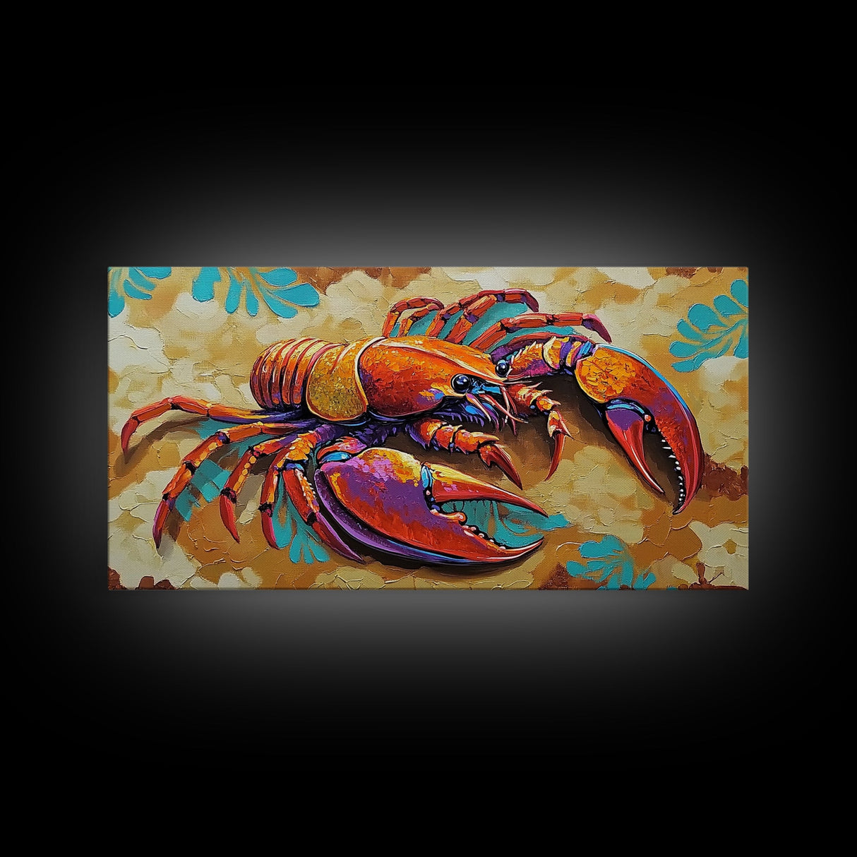 Lobster Coastal, Bold, Framed Canvas Print, Vibrant abstract lobster on sandy background, Nautical Kitchen Decor, Bold Coastal Wall Art