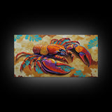 Lobster Coastal, Bold, Framed Canvas Print, Vibrant abstract lobster on sandy background, Nautical Kitchen Decor, Bold Coastal Wall Art