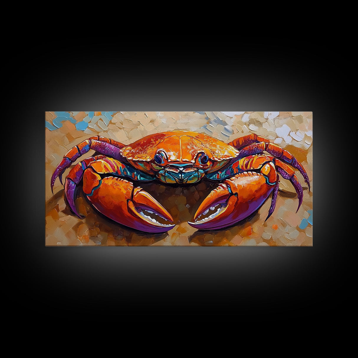 Crab Colorful, Beach, Framed Canvas Print, Brightly painted crab on sand, Ocean Kitchen Decor, Playful Beach Art, Coastal Wall Art