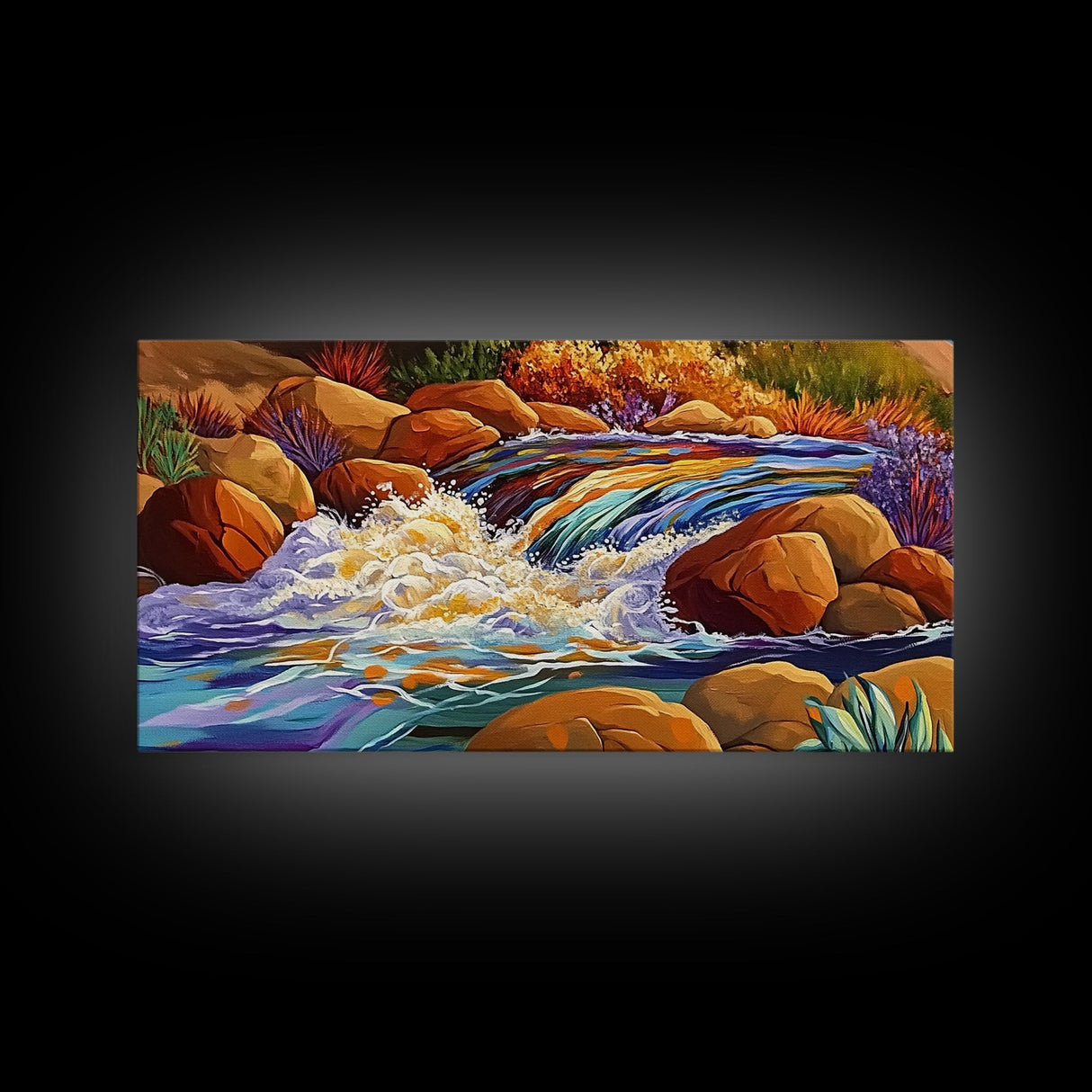 Autumn River, Rocks, Splash, Framed Canvas Print, colorful waterfall painting, nature wall art, rustic cabin decor, landscape art