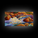 Autumn River, Rocks, Splash, Framed Canvas Print, colorful waterfall painting, nature wall art, rustic cabin decor, landscape art