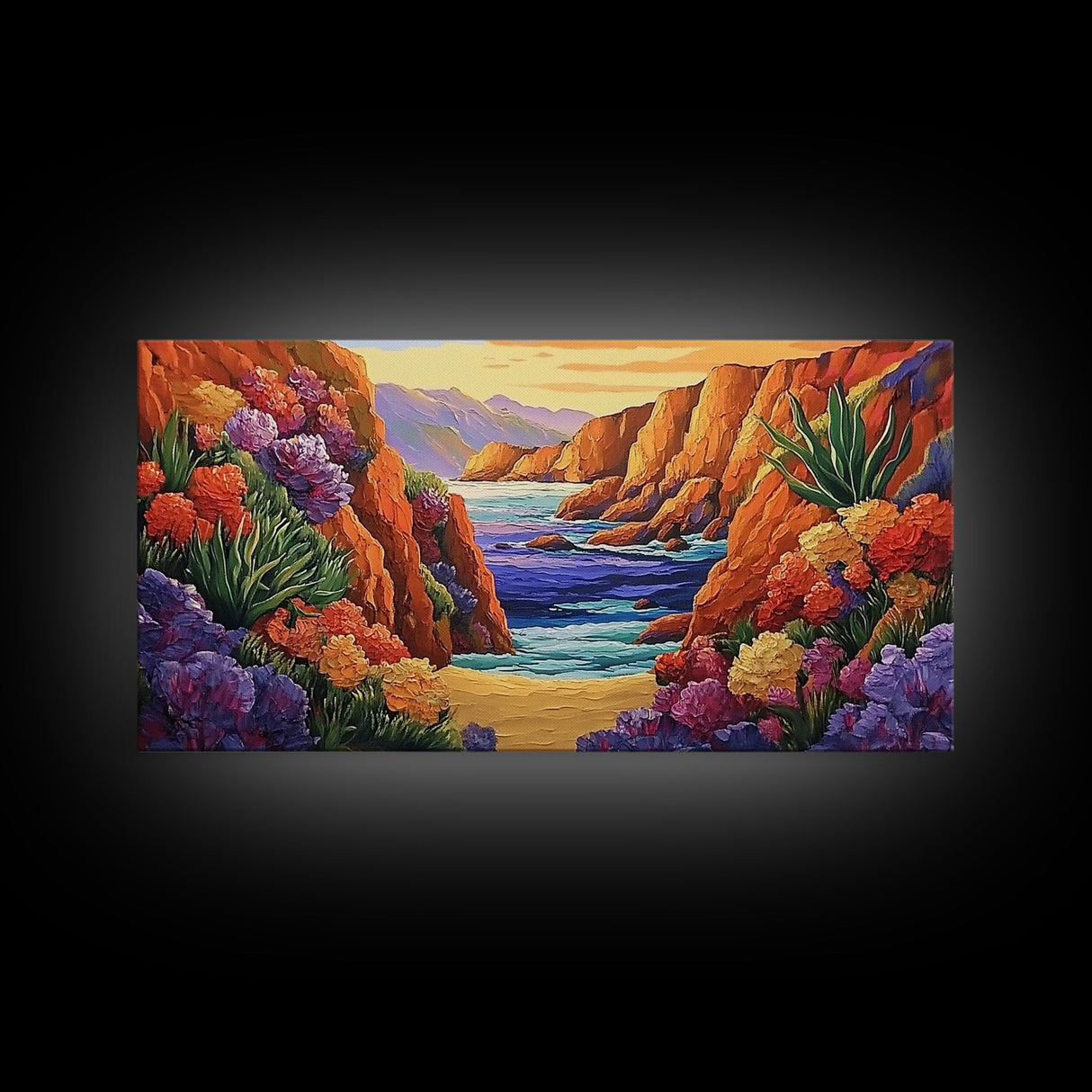 Desert Coast, Flowers, Path, Canvas Print, vibrant canyon seascape, southwest home decor, hallway wall art, colorful desert painting
