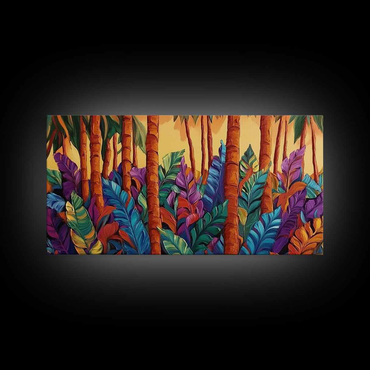 Jungle Leaves, Palms, Tropical, Framed Canvas Print, vibrant rainforest botanical wall art, boho plant decor, entryway art