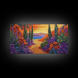 Pathway Sunset, Garden, Ocean, Canvas Print, vivid coastal floral scene, entryway decor, sunset wall art, summer vibes painting