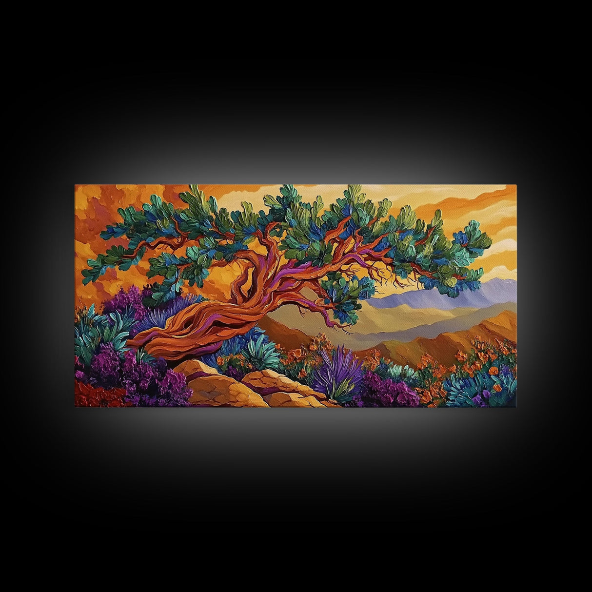 Tree Mountains, Sunset, Windswept, Canvas Print, expressive twisted pine painting, rustic boho decor, nature art, fall wall piece