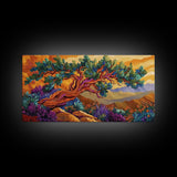 Tree Mountains, Sunset, Windswept, Canvas Print, expressive twisted pine painting, rustic boho decor, nature art, fall wall piece