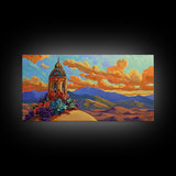 Tower Mountains, Sky, Clouds, Canvas Print, whimsical turret landscape, pastel sky art, colorful fantasy decor, study wall art