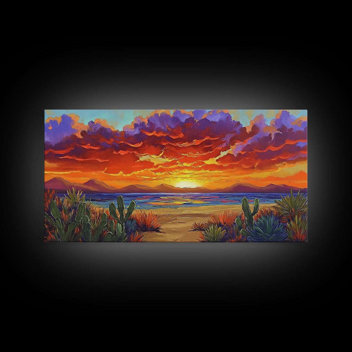 Sunset Beach, Desert, Cactus, Framed Canvas Print, vivid sunset desert beach scene, boho coastal decor, southwestern wall art