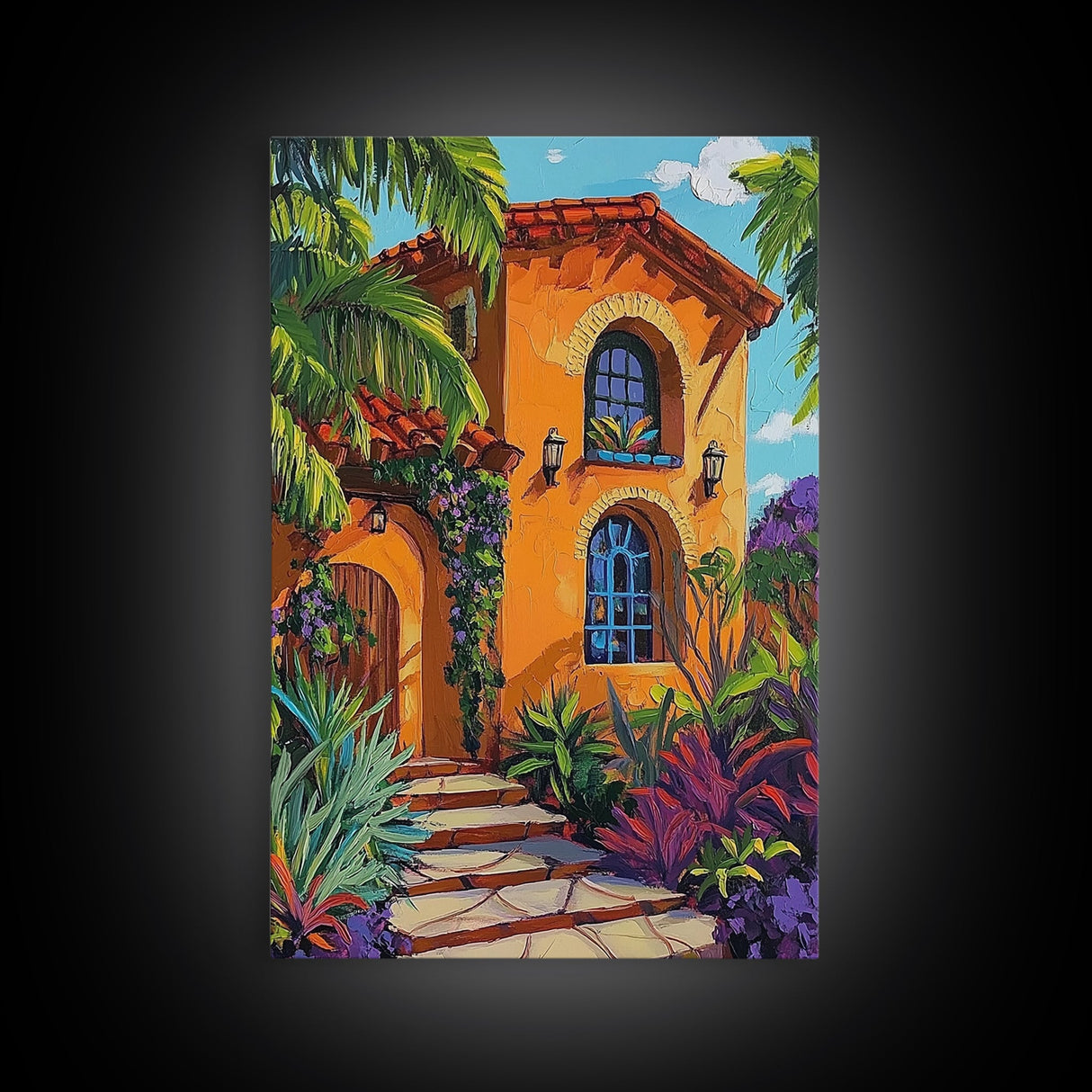 Tropical Villa, Sunset, Vibes, Framed Canvas Print, Mediterranean wall art, boho home decor, warm palette, Kitchen or Living Room