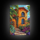 Tropical Villa, Sunset, Vibes, Framed Canvas Print, Mediterranean wall art, boho home decor, warm palette, Kitchen or Living Room
