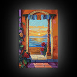 Doorway Sunset, Ocean, Romance, Canvas Print, Mediterranean seascape art, boho romantic wall decor, warm tones, Bedroom or Dining Room