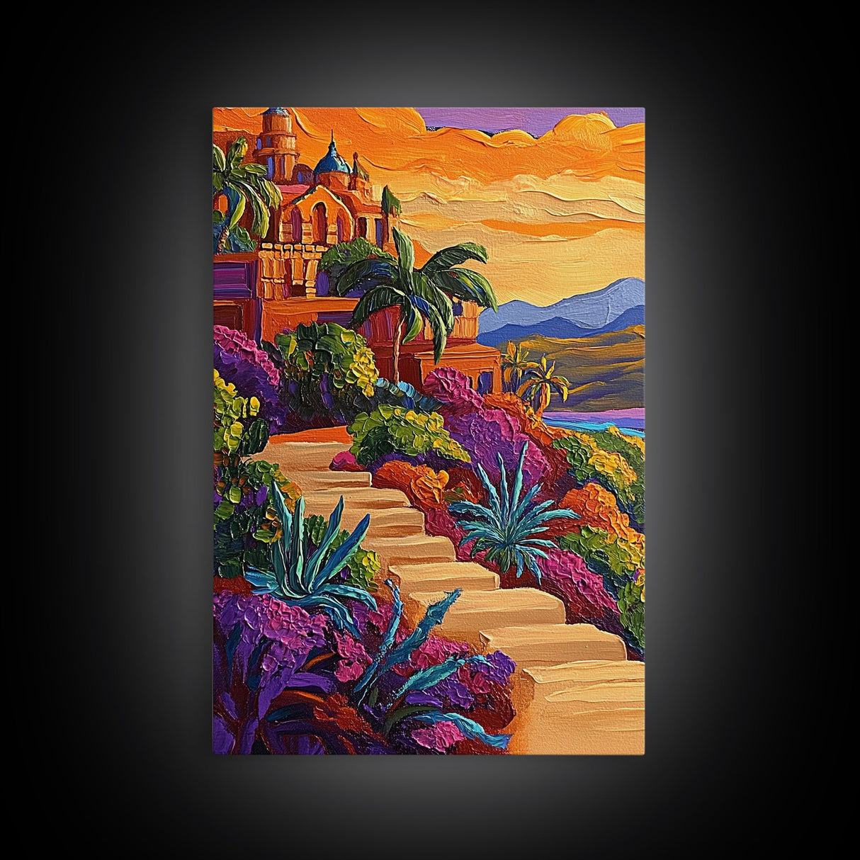Sunset Mexico, Colorful, Travel, Framed Canvas Print vibrant coastal villa painting, colorful sunset art, Mediterranean boho travel vibes