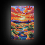 Sunset Desert, River, Color, Framed Canvas Print dreamy painted desert river sunset, colorful sky landscape artwork, nature boho art