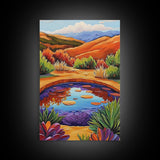 Pond Reflection, Nature, Desert, Framed Canvas Print tranquil desert pond painting, colorful reflection landscape art,  entryway wall decor