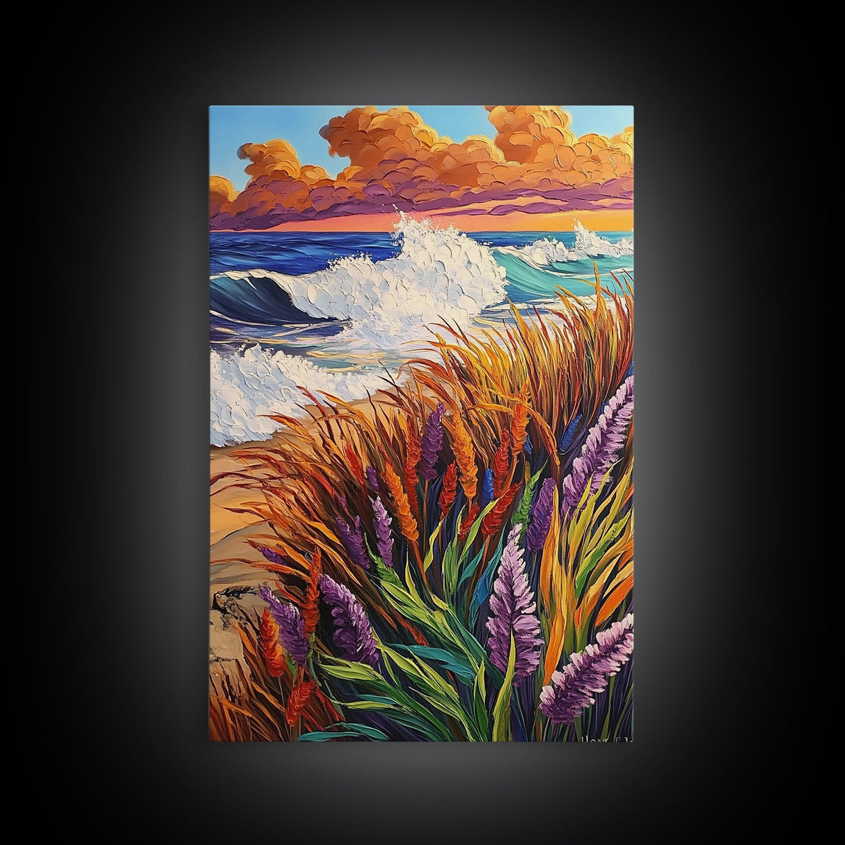 Waves Cliff, Paradise, Splash, Framed Canvas Print, Tropical beach wall art, ocean wave painting, coastal home décor, island vibes