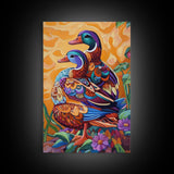 Ducks Colorful, Whimsical, Pair, Framed Canvas Print, Animal couple wall art, farmhouse nursery artwork, folk style bird painting
