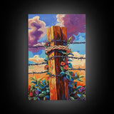Fence Flowers, Sky, Bold, Framed Canvas Print, western barbed wire wall art, farmhouse boho style, sunset rustic decor, entryway or den